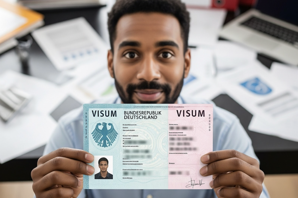 Smiling man holding a visa for Germany