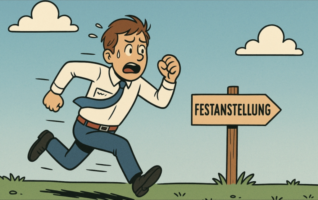 Man rennt in die Richtung eines Pfeils mit der Aufschrift 'Festanstellung'